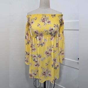 Jesse & J Yellow Floral Smocked Bodice Off-the-shoulder Mini Fairy Dress Size S